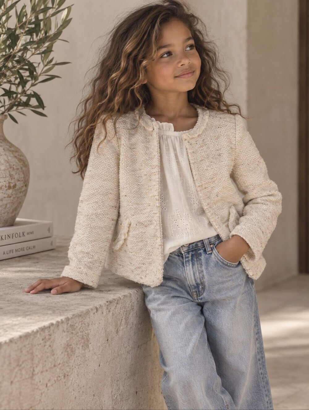 Zara Girls Cream Textured Boucle Collarless Blazer Jacket 9-10Y